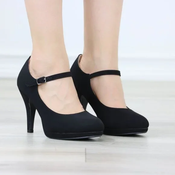 Black Rockabilly High Heels Ankle Strap Round Toe Classic Pumps Nubuck - Picture 3 of 12